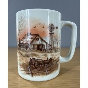 Vintage Otagiri Stoneware Mug Embossed Country Barn Windmill Farm Cabin Cup‎